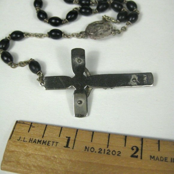 Madonna Rosary 29 In Silvertone Cross Black Beads Italy Crucifix Silver Jesus - Picture 5 of 6